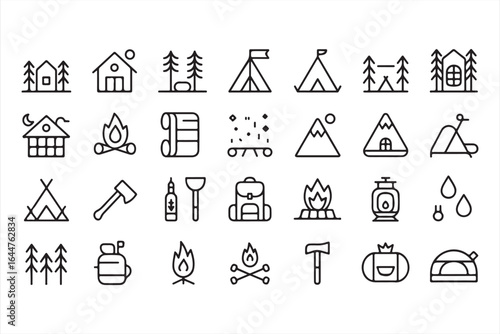 Minimal Line Icons of Camping and Outdoor Adventure Equipment