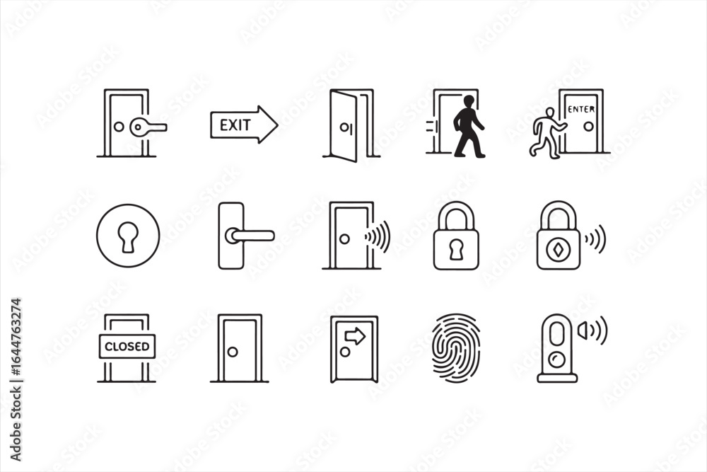 Security and Access Door Icons with Padlocks, Keys, and Biometric Symbols Security and Access Door Icons with Padlocks, Keys, and Biometric Symbols
