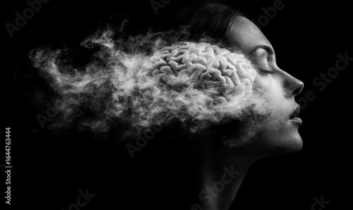Abstract representation of brain fog, depicting a human head silhouette with a clouded or obscured brain. This concept symbolizes the difficulty in thinking, concentrating, Generative AI