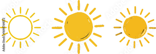 Doodle sun icons representing light, warmth and energy with hand drawn style