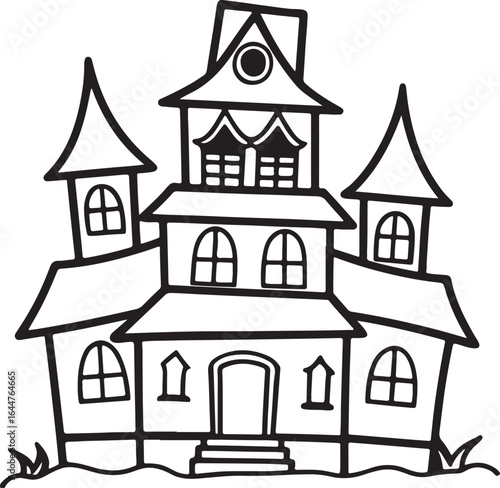spooky haunted house line art, coloring book page line art drawing, vector and illustration