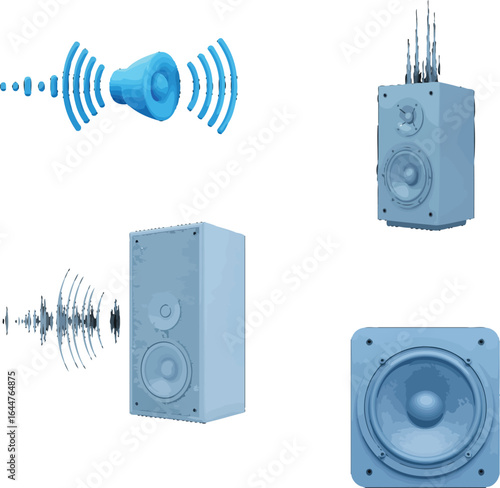 Speakerphone Technology and audio equipment illustrations in blue isolated on white
