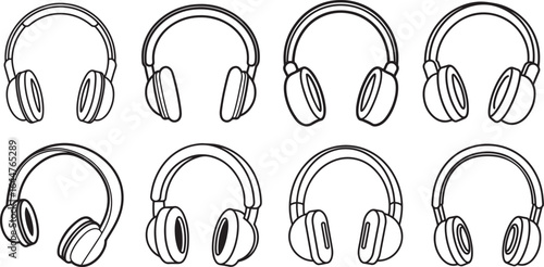set of headphones line art, coloring book page line art drawing, vector and illustration