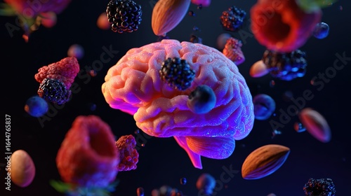 Vibrant glowing brain model surrounded by floating nutritious foods on a dark background.