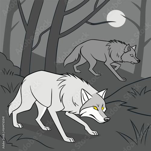 Stylized wolves in stalking motion