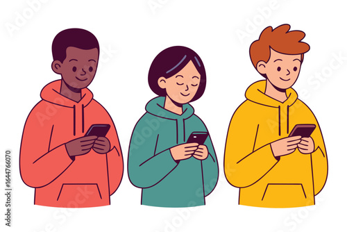 Three diverse young adults with smartphones, wearing hoodies, texting or browsing together indoors