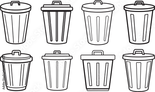 set of trash can line art, coloring book page line art drawing, vector and illustration