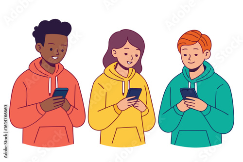 Three Teenagers with Smartphones, Wearing Hoodies Cartoon Style Illustration on White Background