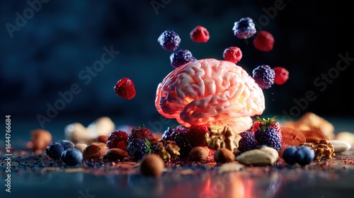 Vibrant glowing brain model surrounded by floating nutritious foods on a dark background.