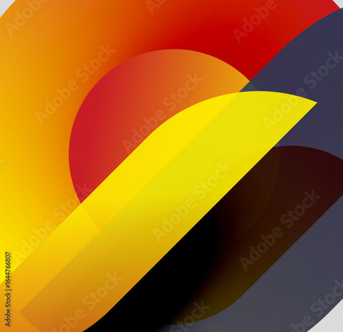 Abstract shapes overlap. Warm colors dominate, creating dynamic visual effect. Gradient transitions present bold composition.