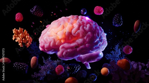 Vibrant glowing brain model surrounded by floating nutritious foods on a dark background.