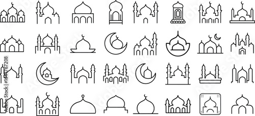 islamic mosque icon set, islamic, mosque, moon, koran, prayer, star, eid, ramadan, month, silhouette, faith, graphic, holy and more vector illustration