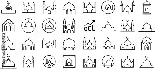 mosque line icon set, islamic, mosque, moon, koran, prayer, star, eid, ramadan, month, silhouette, faith, graphic, holy and more vector illustration