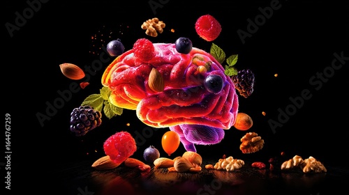 Vibrant glowing brain model surrounded by floating nutritious foods on a dark background.