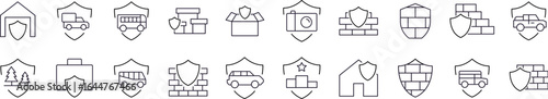 Protection with Shield Pictograms Drawn with Thin Line. Collection of Various Design Elements that Can Be Used for Apps, Articles, Web Sites, Social Media
