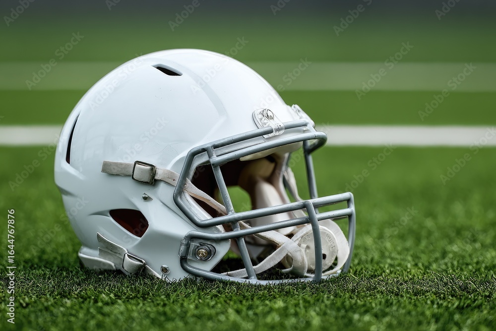 Fototapeta premium A white football helmet rests on a green field