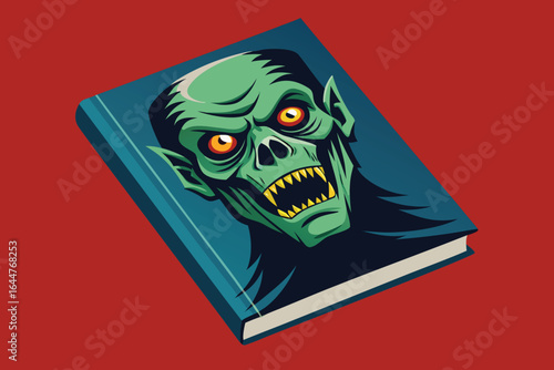 Vampire Book Cover Art Spooky Monster with Yellow Teeth and Orange Eyes on Book