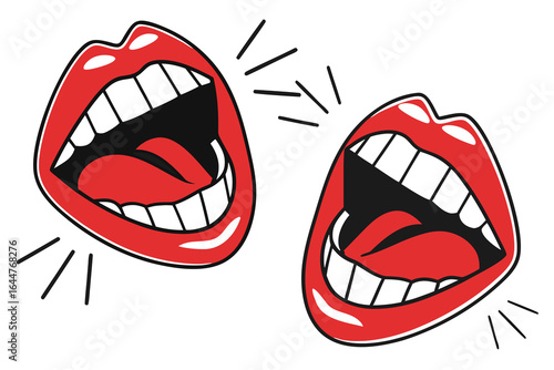 Two Open Red Mouths Yelling with Black Strokes Illustration on White Background