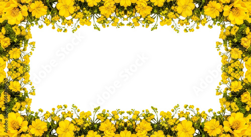 Vibrant Yellow Flower Border Frame with Delicate Blossoms and Greenery on White Background Perfect for Spring and Summer Designs
