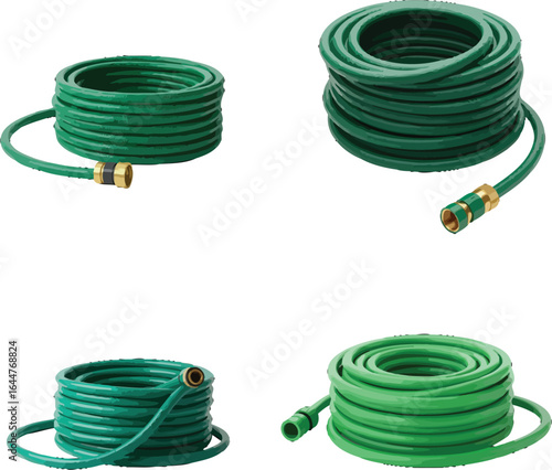 Four Green Garden Hoses Coiled for Storage and Organization Readiness