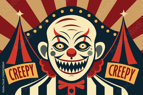 Vintage Creepy Clown with Striped Background and Circus Tent Illustrations for Halloween