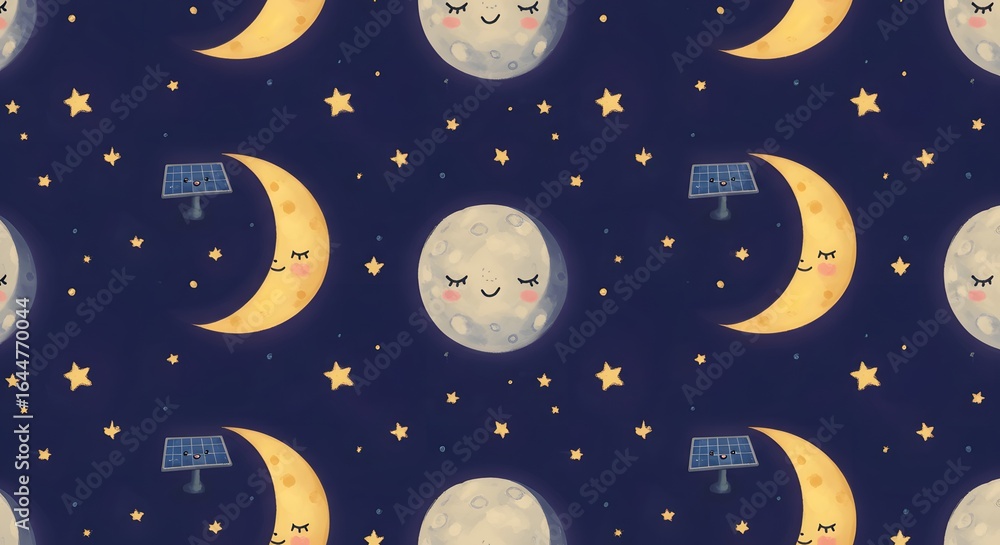 Naklejka premium Whimsical Night Sky Pattern with Sleeping Moons, Twinkling Stars, and Smiling Solar Panels