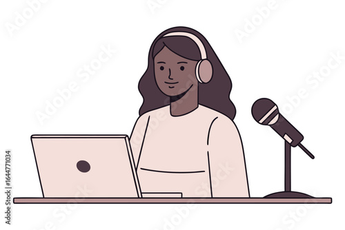 Woman with Laptop, Headphones, and Microphone Cartoon Style Illustration for Podcasting or Streaming