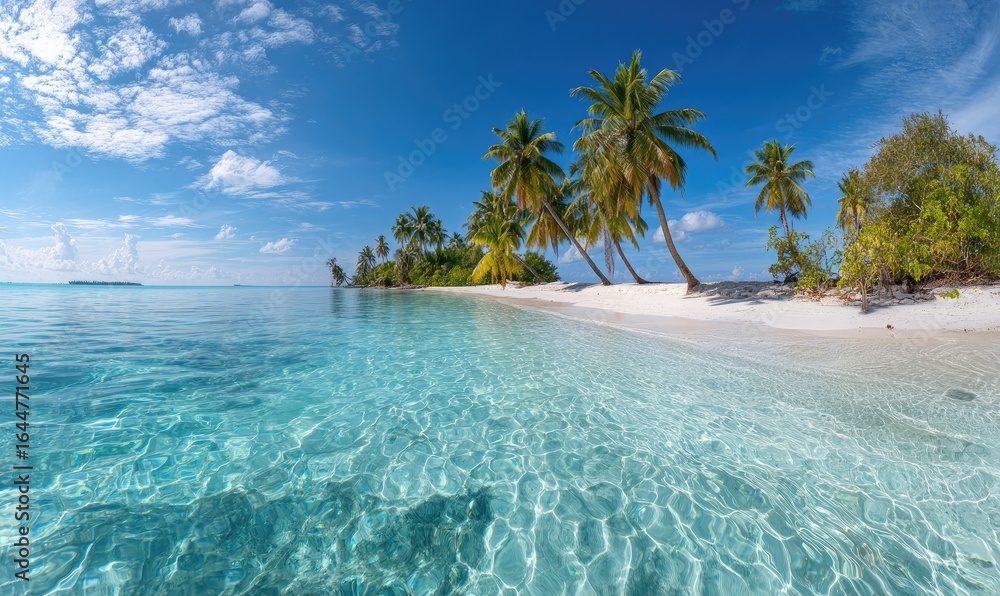 Naklejka premium Pristine tropical beach panorama. Clear turquoise water laps a pristine white sand beach fringed with tall palm trees under a vibrant blue sky