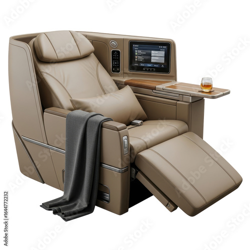 Modern beige luxury airplane seat with a personal screen, blanket, and a drink, offering comfort for premium air travel.