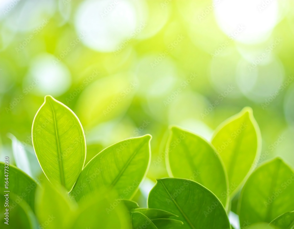 Naklejka premium Bright sunlight illuminates vibrant green leaves, softly blurred background