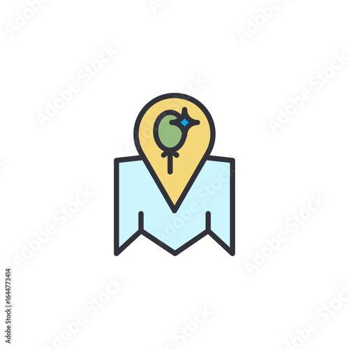 A colorful map pin with a lightbulb icon inside, placed on a map, symbolizing a brilliant idea's location, a marked discovery, or an insightful landmark.