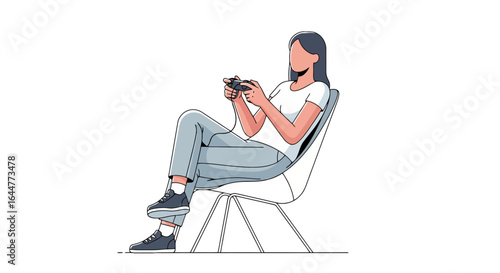 Young Woman Engaged in Video Gaming, Sitting Comfortably in a Modern Chair, Ideal for Illustrating Leisure Activities and Digital Entertainment Concepts