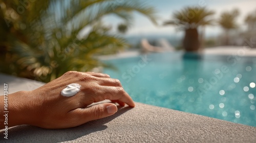 A hand with sunscreen rests on a stone ledge beside a sparkling pool, surrounded by palm trees, evoking a serene, sunny day.