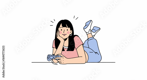 Happy young woman playing video games, isolated on white background, ideal for illustrating leisure activities, gaming culture, and digital entertainment concepts