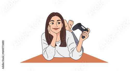 Relaxed Gamer Girl Illustration Featuring a Controller in Hand, Ideal for Gaming Blogs, Tech Reviews, and Digital Entertainment Content.