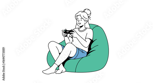 Relaxed young woman playing video games on a beanbag chair, perfect for illustrating leisure activities, modern lifestyle, or digital entertainment concepts.