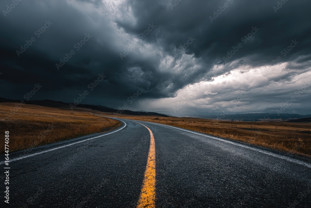 Naklejka premium Stormy road stretches into a clouded sky