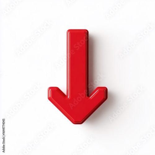 Red down arrow icon on white background.  A bold, three-dimensional, red arrow points downwards.  The arrow has a slightly textured, blocky form.  Bright white background isolates the arrow