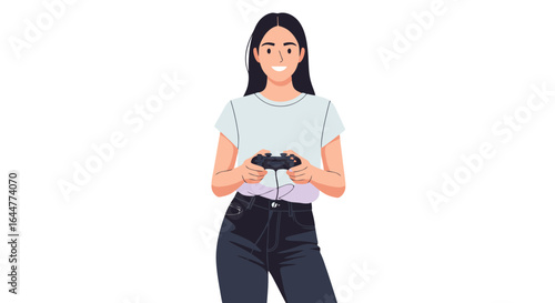 Young Woman Immersed in Video Gaming with a Controller, Capturing the Essence of Modern Entertainment and Interactive Digital Experiences. Ideal for gaming blogs and tech websites.