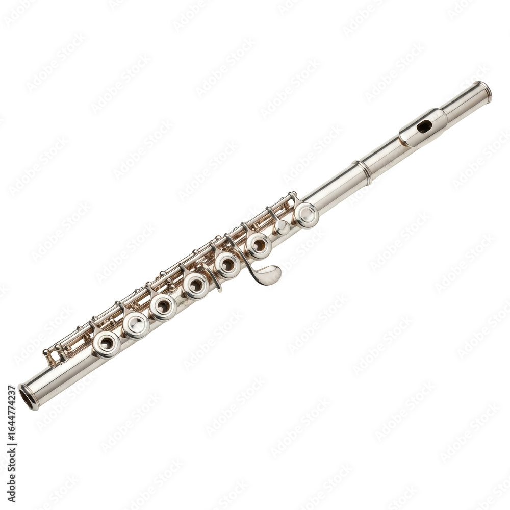 Fototapeta premium A shiny silver flute, a classical woodwind instrument, used in orchestras and bands. Perfect for music related projects.
