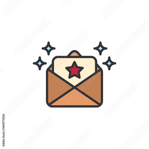 A brown open envelope icon with a red star on a document, surrounded by sparkles, symbolizing a special message, a privileged offer, or important news.