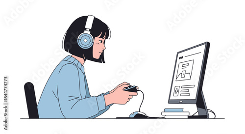 Young woman immersed in online gaming with headphones and controller, ideal for illustrating digital entertainment, e-sports, or online social activities