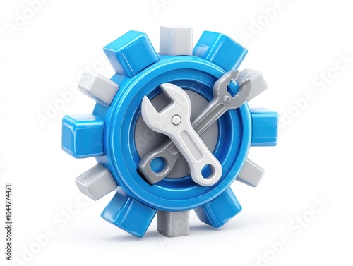 3D rendered icon, a blue gear with two crossed wrenches.  The gear is composed of  light gray and blue, cubic segments.  The wrenches are light gray and dark gray.  Isolated on a white background