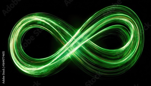 Abstract infinity symbol, vibrant green light trails on black