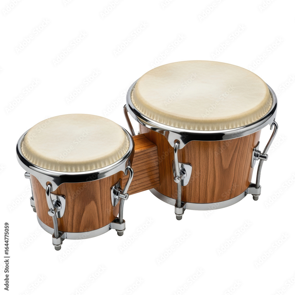Obraz premium Pair of traditional bongo drums featuring a rich wooden finish and shiny chrome hardware. Used in latin music and percussion.