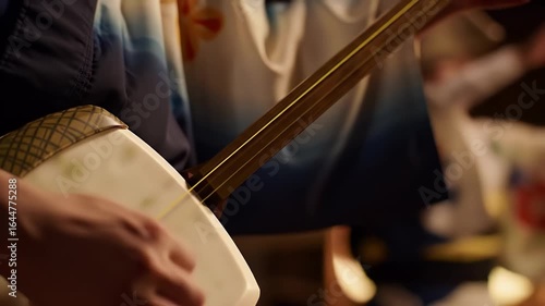Shamisen Serenade: A musician's hands dance across the strings of a shamisen, as intricate patterns and vibrant colors blend with the warmth of the Japanese kimono.