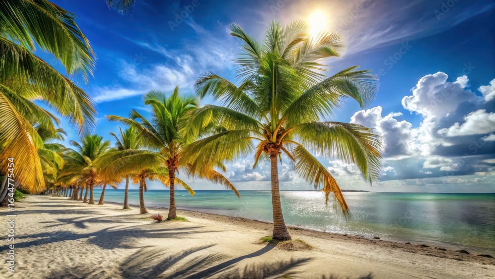 Fototapeta premium Warm sandy beach with palm trees swaying gently in the breeze on a bright sunny day at Florida Keys