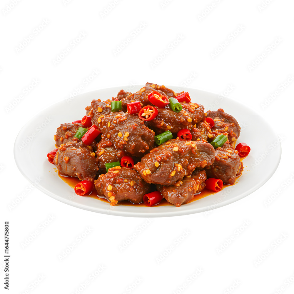 Fototapeta premium Savory plate of marinated goat meat garnished with red chili peppers, perfect for culinary, restaurant, and spicy food themes. isolated on white or transparent background. PNG for design use