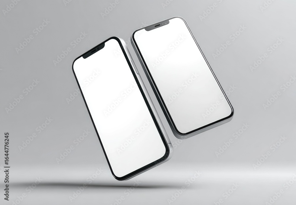 Two modern smartphones, light gray, floating on a light gray background. Empty screens, angled slightly Two modern smartphones, light gray, floating on a light gray background. Empty screens, angled slightly
