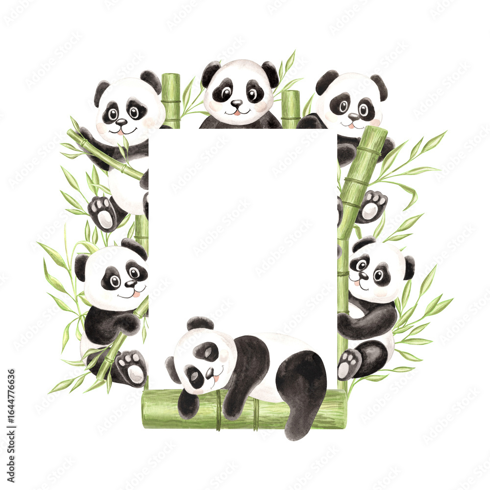 Fototapeta premium Cute baby panda with green bamboo, watercolor frame for baby design. Hand drawn isolated illustration border of black and white chinese bear. Postcard template with animal character for children
